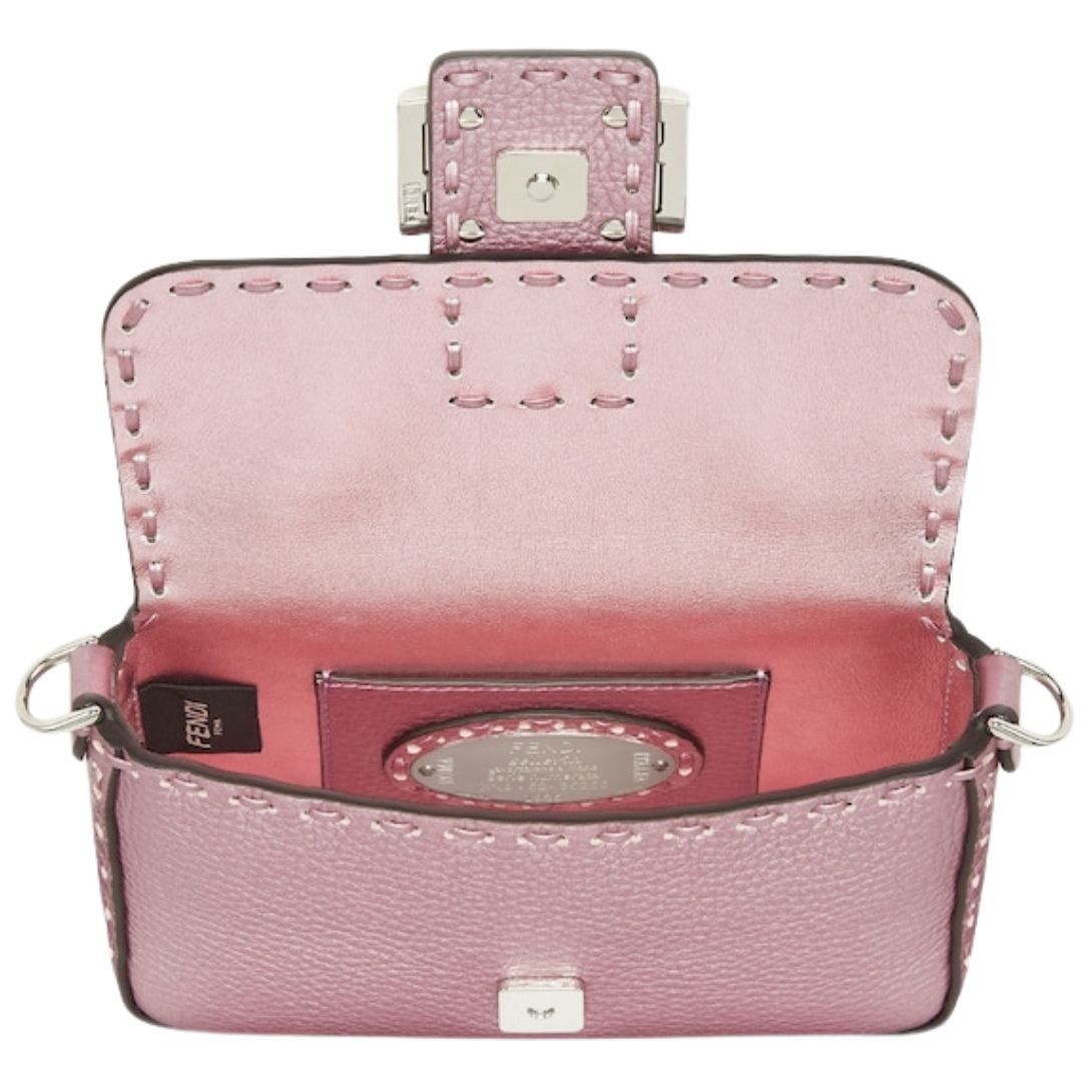 4 FENDI BAGUETTE MINI METALLIC PINK SELLERIA BAG WITH 309 HAND-SEWN TOPSTITCHES