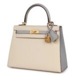 HERMÈS SPECIAL ORDER (HSS) KELLY SELLIER 25 CRAIE AND BLEU GLACIER EPSOM BRUSHED GOLD HARDWARE