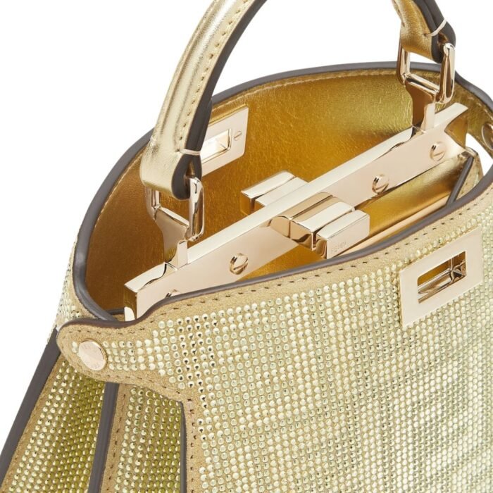 FENDI PEEKABOO ISEEU PETITE CHAMPAGNE-COLORED SUEDE BAG WITH FF IN CRYSTALS AND STUDS