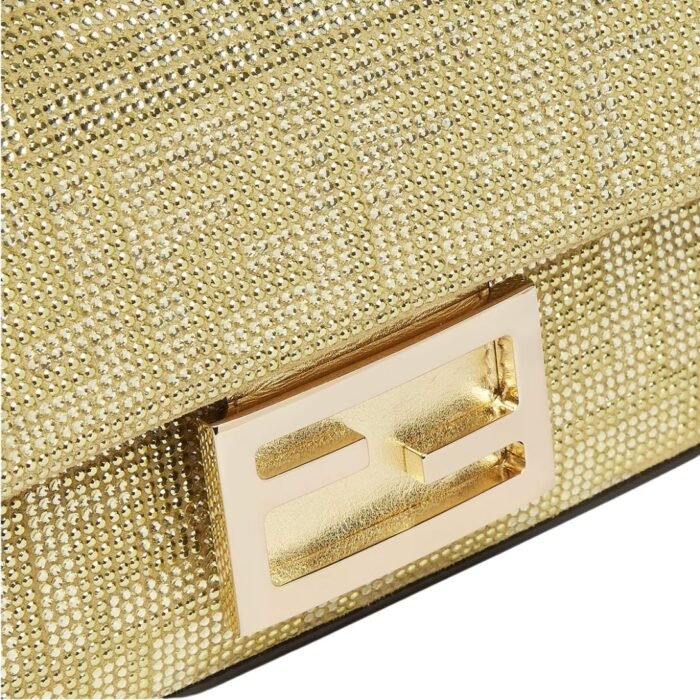 FENDI BAGUETTE MINI CHAMPAGNE COLORED SUEDE BAG WITH FF IN CRYSTALS AND STUDS