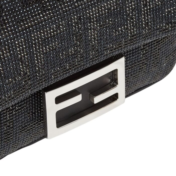 FENDI BAGUETTE MINI BLACK SUEDE BAG WITH FF IN CRYSTALS AND STUDS