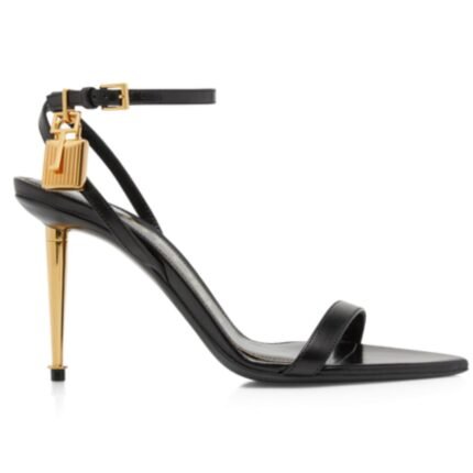 TOM FORD SHINY LEATHER PADLOCK POINTY NAKED SANDAL 85MM BLACK
