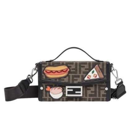 FENDI SOFT TRUNK BAGUETTE BROWN FF JACQUARD BAG WITH APPLIQUÉS