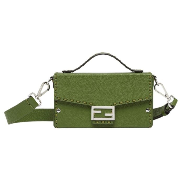 FENDI SELLERIA SOFT TRUNK BAGUETTE GREEN LEATHER BAG WITH 253 HAND-SEWN TOPSTITCHES