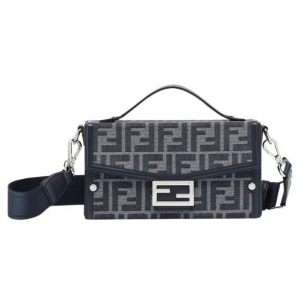 FENDI SOFT TRUNK BAGUETTE FF JACQUARD AND BLUE LEATHER BAG