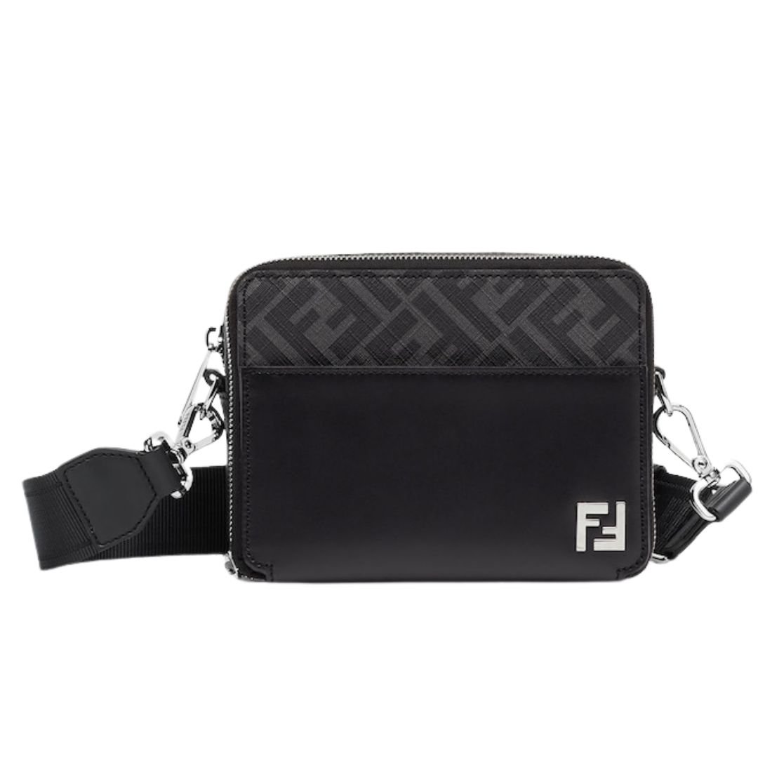 1 FENDI SQUARED FF CAMERA CASE ORGANIZER BLACK LEATHER AND FF BAG