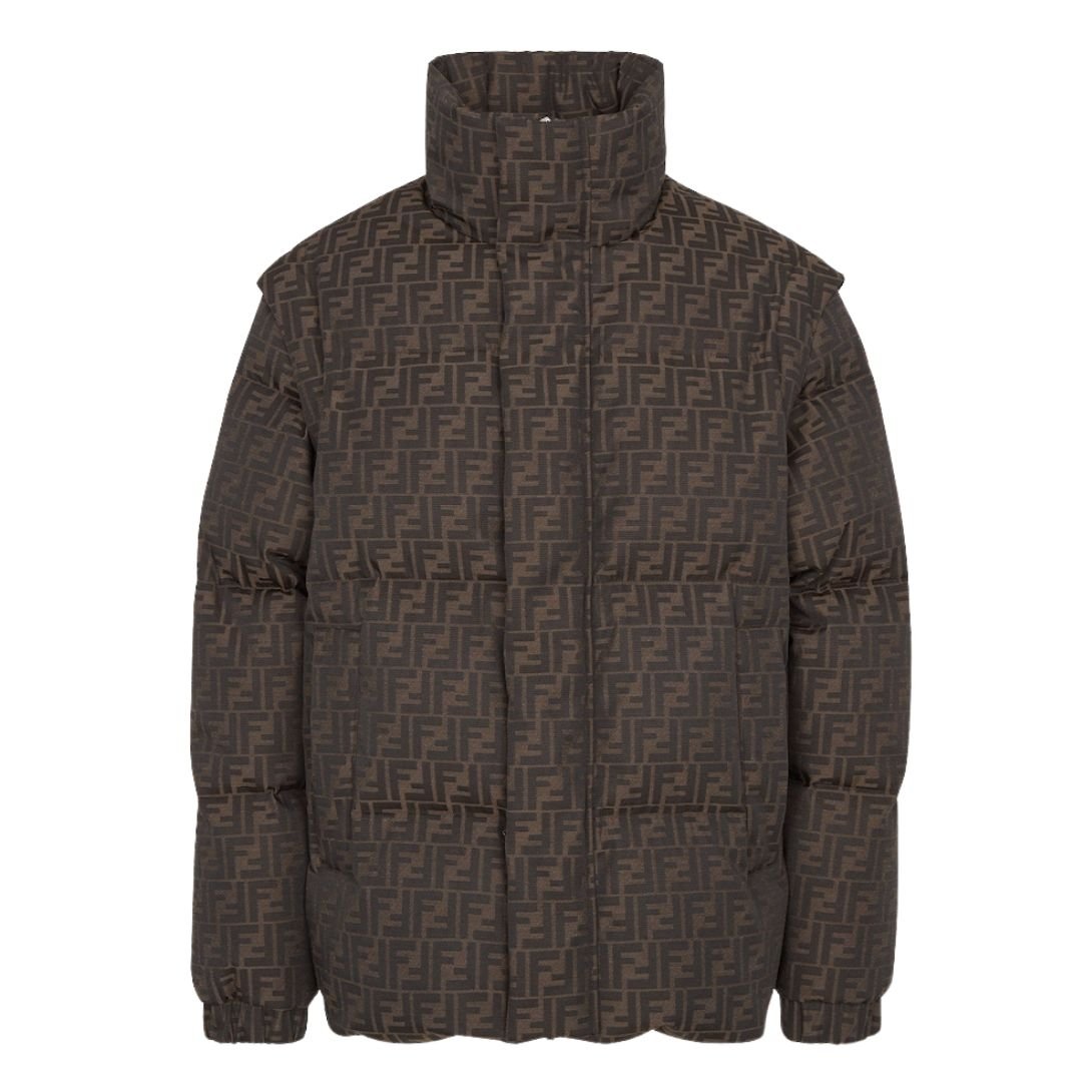 1 FENDI BROWN FF JACQUARD NYLON PUFFER JACKET