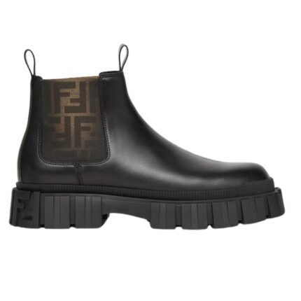 FENDI FORCE BROWN FF JACQUARD AND BLACK LEATHER CHELSEA BOOTS