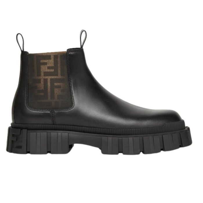FENDI FORCE BROWN FF JACQUARD AND BLACK LEATHER CHELSEA BOOTS
