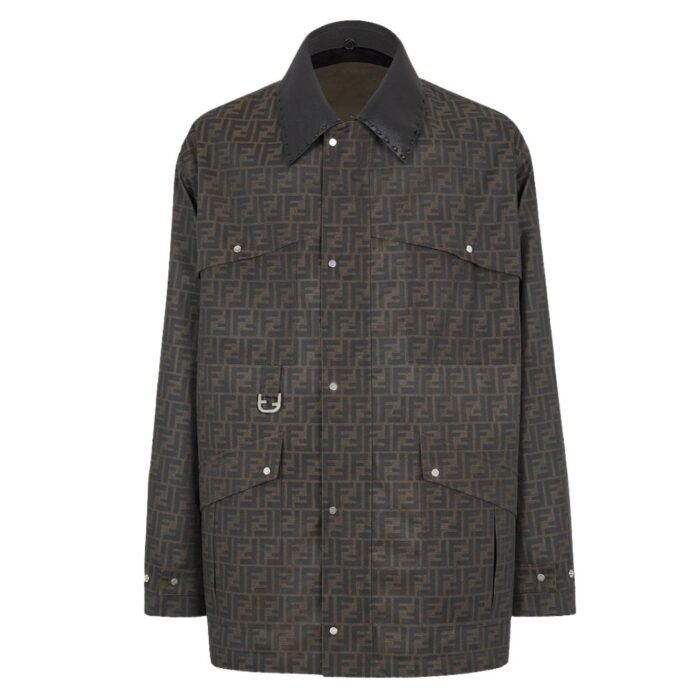 FENDI BROWN WAXED FF JACQUARD BLOUSON