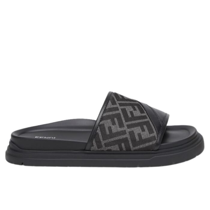 FENDI DIAGONAL SLIDES FF JACQUARD AND LEATHER SLIDES