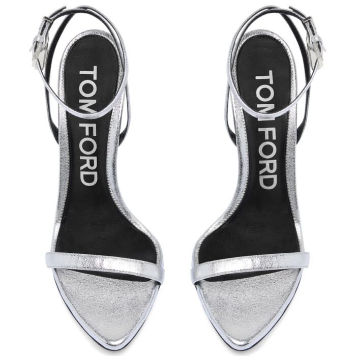 TOM FORD LAMINATED NAPPA LEATHER PADLOCK POINTY NAKED SANDAL SILVER
