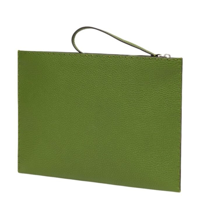 FENDI SELLERIA FLAT POUCH MEDIUM GREEN WITH 196 HAND-SEWN TOPSTITCHES