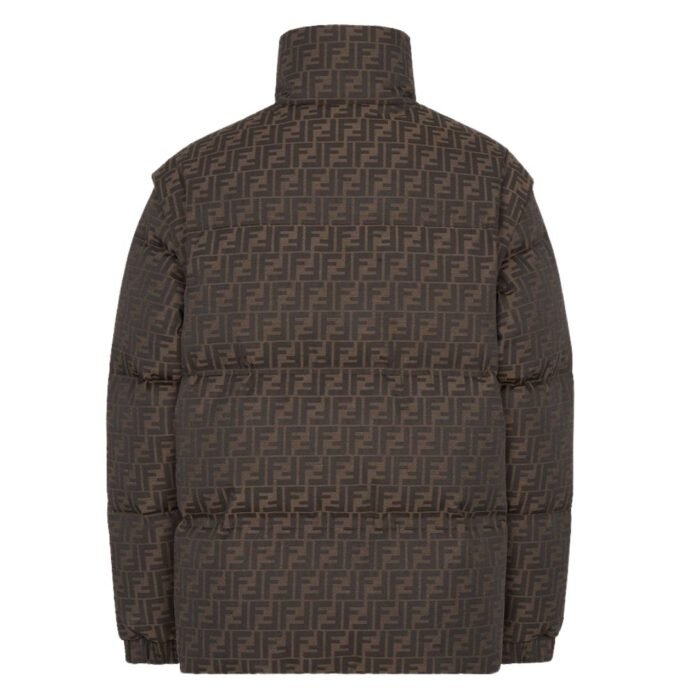 FENDI BROWN FF JACQUARD NYLON PUFFER JACKET