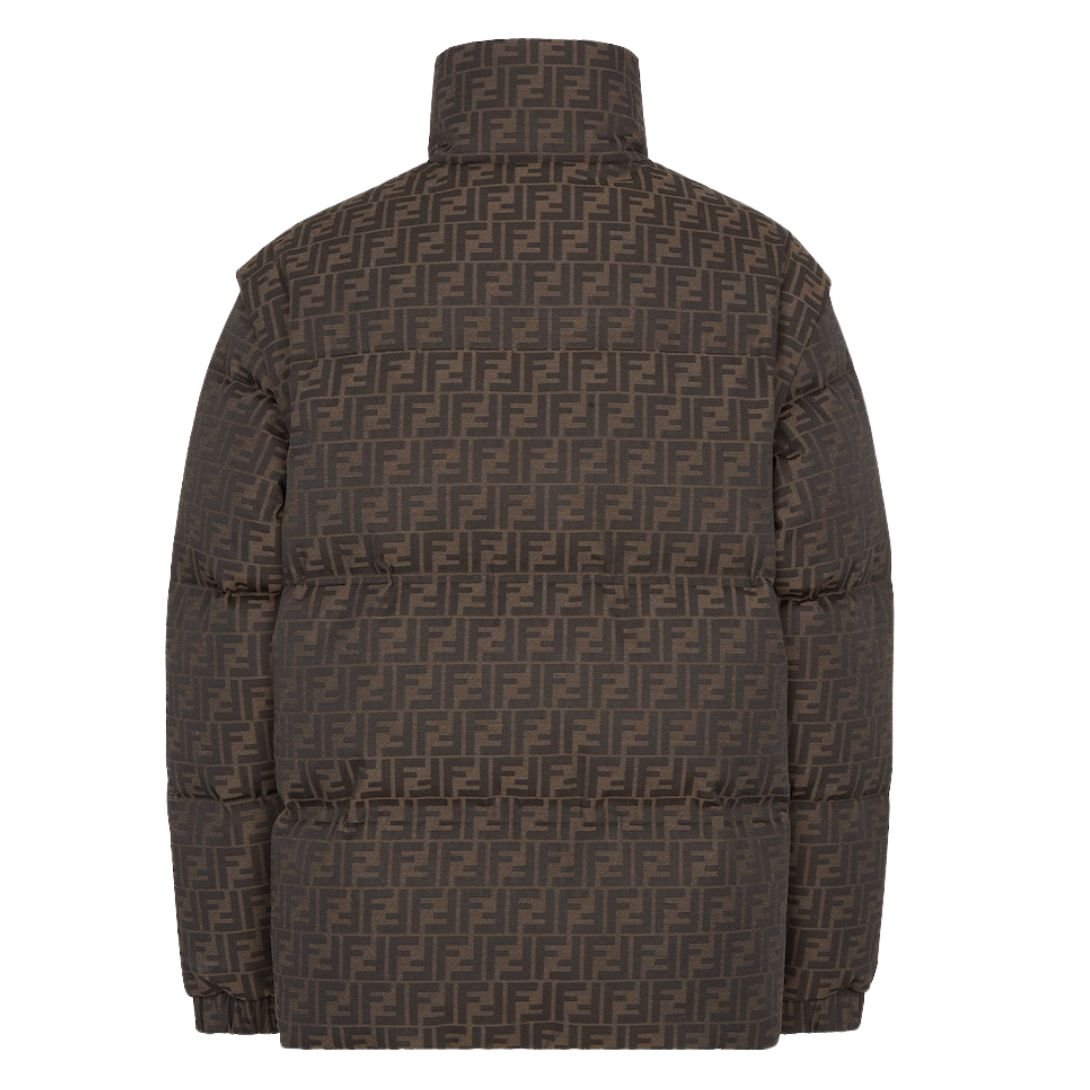 2 FENDI BROWN FF JACQUARD NYLON PUFFER JACKET