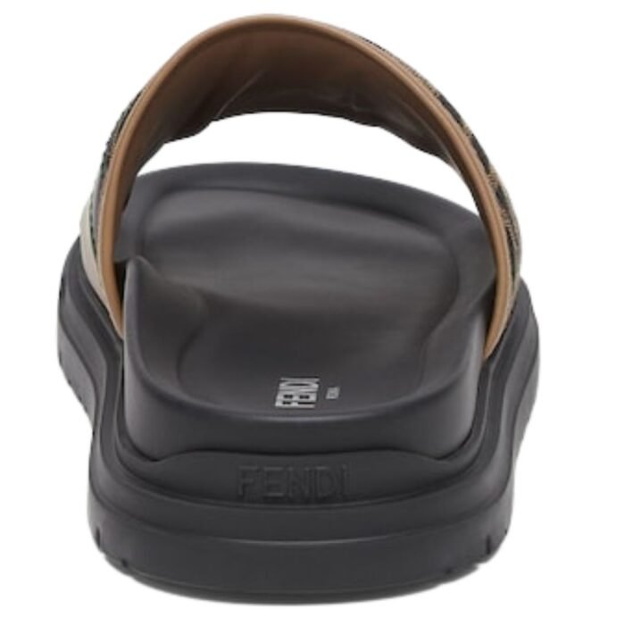 FENDI DIAGONAL SLIDES FF JACQUARD AND LEATHER SLIDES