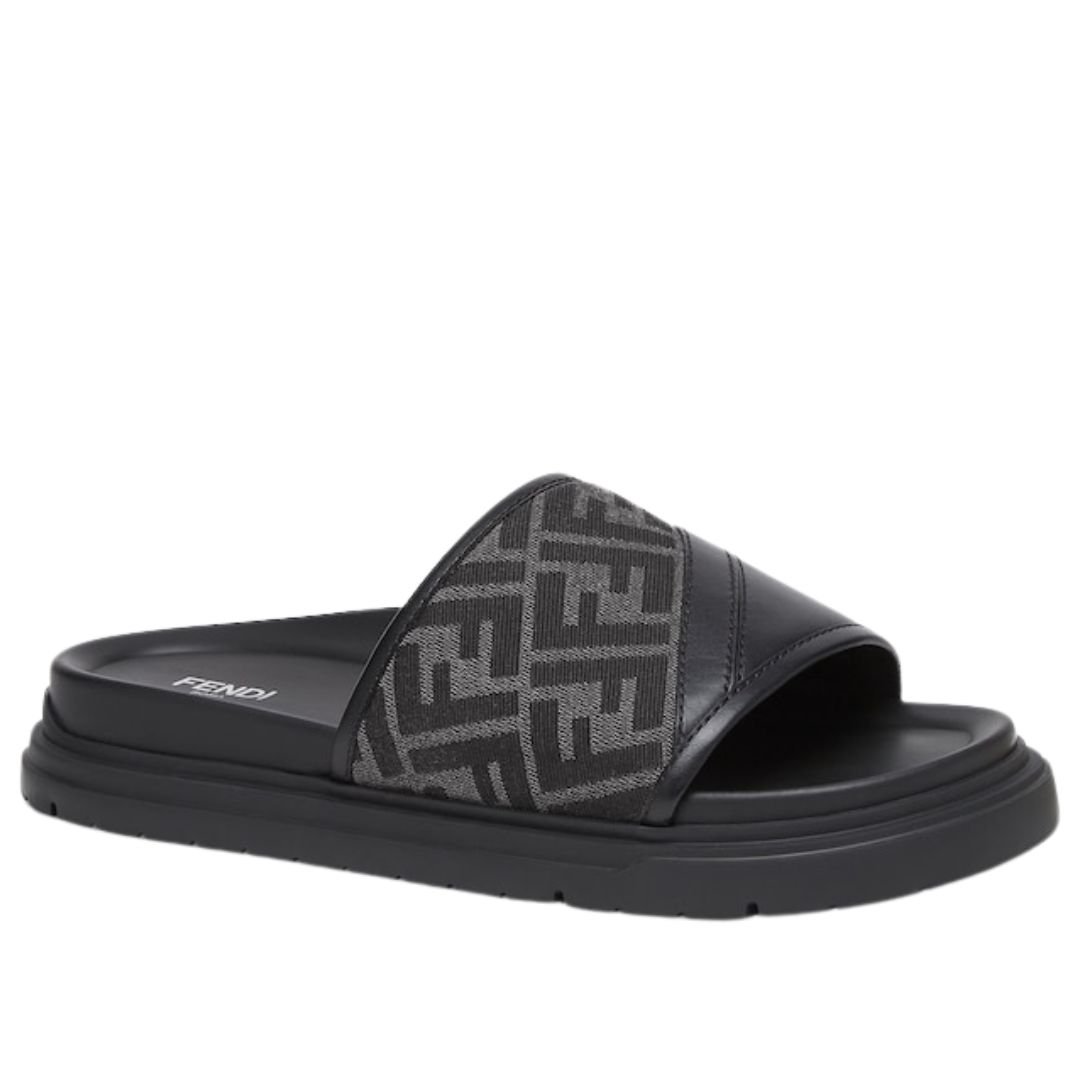 2 FENDI DIAGONAL SLIDES FF JACQUARD AND LEATHER SLIDES