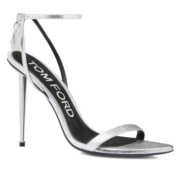 TOM FORD LAMINATED NAPPA LEATHER PADLOCK POINTY NAKED SANDAL SILVER