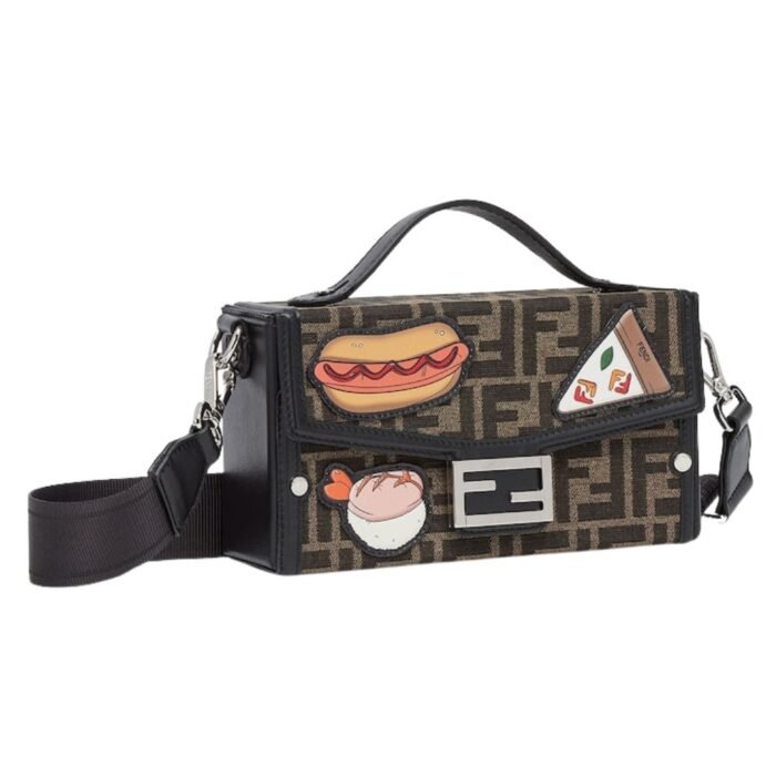 FENDI SOFT TRUNK BAGUETTE BROWN FF JACQUARD BAG WITH APPLIQUÉS