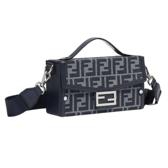 FENDI SOFT TRUNK BAGUETTE FF JACQUARD AND BLUE LEATHER BAG