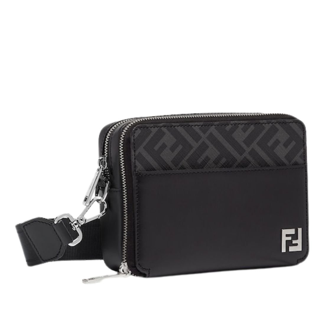 3 FENDI SQUARED FF CAMERA CASE ORGANIZER BLACK LEATHER AND FF BAG