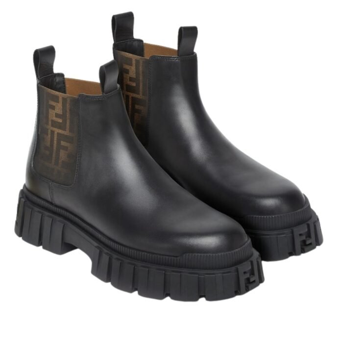 FENDI FORCE BROWN FF JACQUARD AND BLACK LEATHER CHELSEA BOOTS