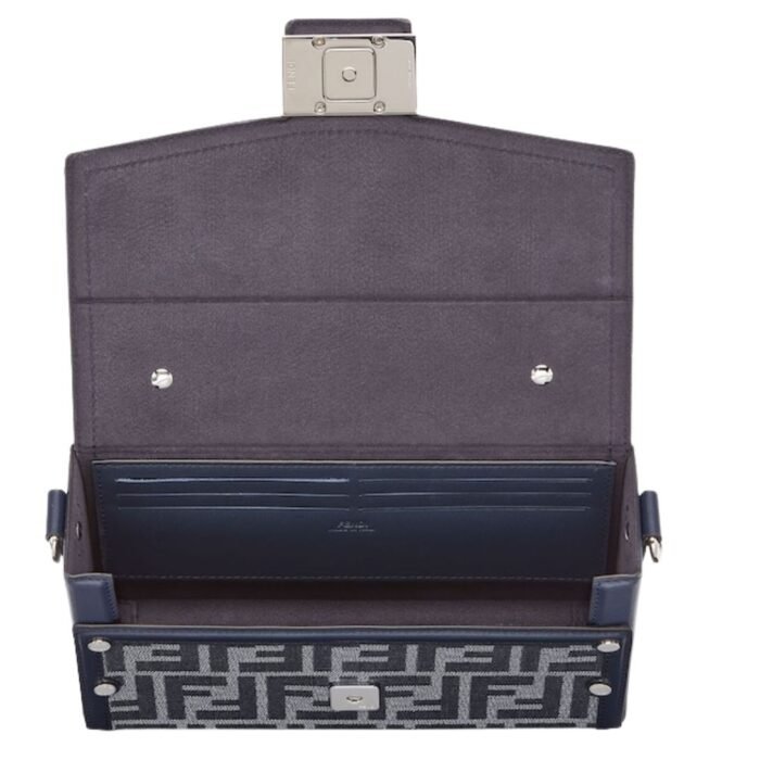 FENDI SOFT TRUNK BAGUETTE FF JACQUARD AND BLUE LEATHER BAG