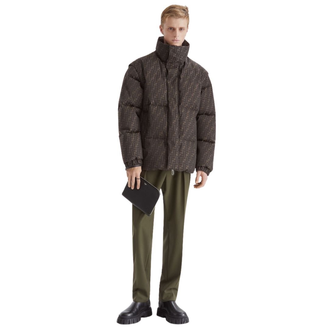 4 FENDI BROWN FF JACQUARD NYLON PUFFER JACKET