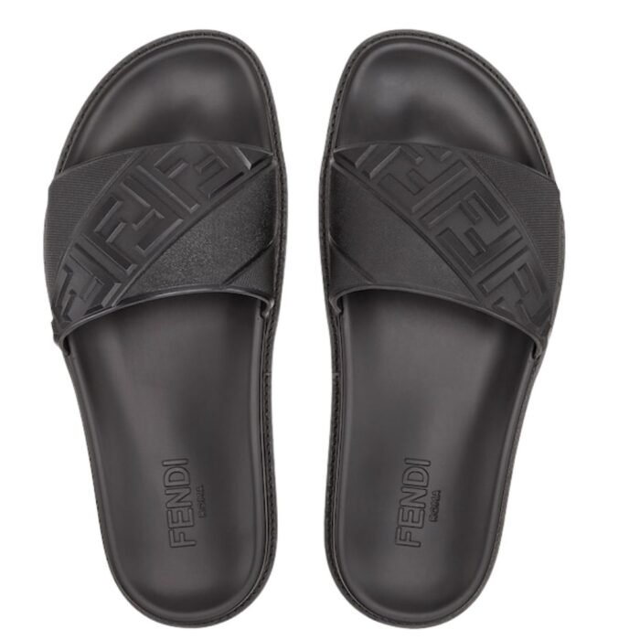 FENDI SLIDES BLACK RUBBER FOOTBED