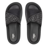 FENDI DIAGONAL SLIDES FF JACQUARD AND LEATHER SLIDES