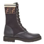 FENDI ROCKOKO BLACK LEATHER BIKER BOOTS WITH STRETCH FABRIC