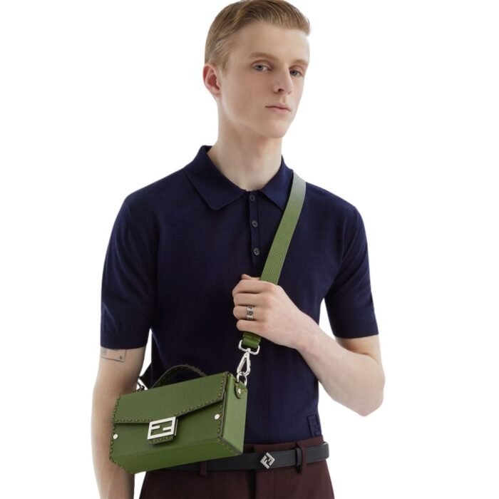 FENDI SELLERIA SOFT TRUNK BAGUETTE GREEN LEATHER BAG WITH 253 HAND-SEWN TOPSTITCHES