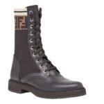 FENDI ROCKOKO BLACK LEATHER BIKER BOOTS WITH STRETCH FABRIC