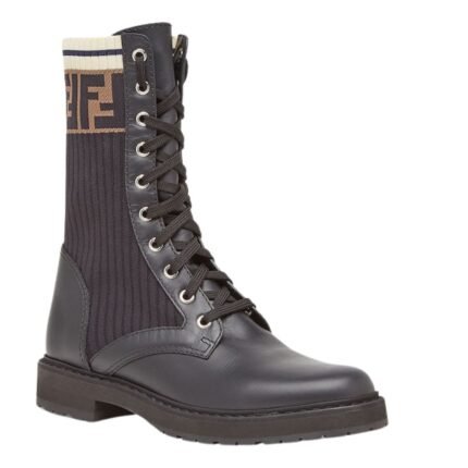 FENDI ROCKOKO BLACK LEATHER BIKER BOOTS WITH STRETCH FABRIC