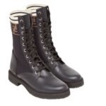 FENDI ROCKOKO BLACK LEATHER BIKER BOOTS WITH STRETCH FABRIC