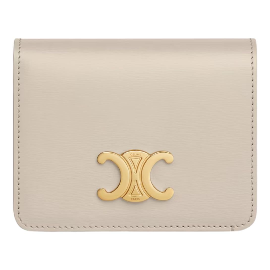 1 CELINE TRIOMPHE COMPACT WALLET IN SHINY CALFSKIN LIGHT STONE