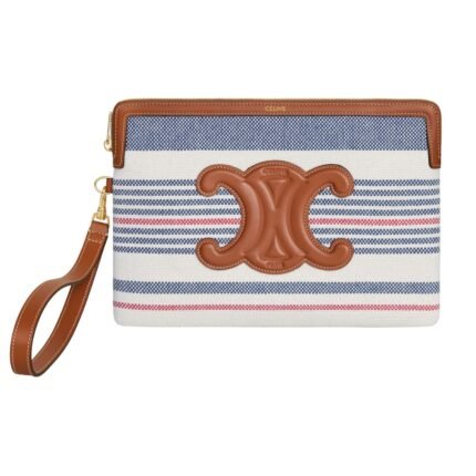 CELINE SMALL POUCH WITH STRAP IN STRIPED TEXTILE AND CALFSKIN