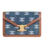 CELINE WALLET ON CHAIN MARGO IN DENIM WITH TRIOMPHE ALL OVER EMBROIDERY AND CALFSKIN