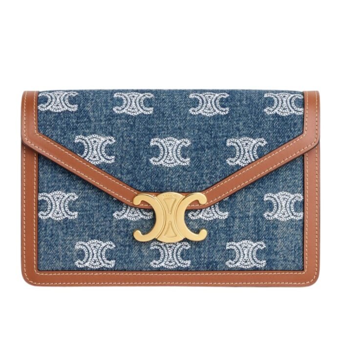 CELINE WALLET ON CHAIN MARGO IN DENIM WITH TRIOMPHE ALL OVER EMBROIDERY AND CALFSKIN
