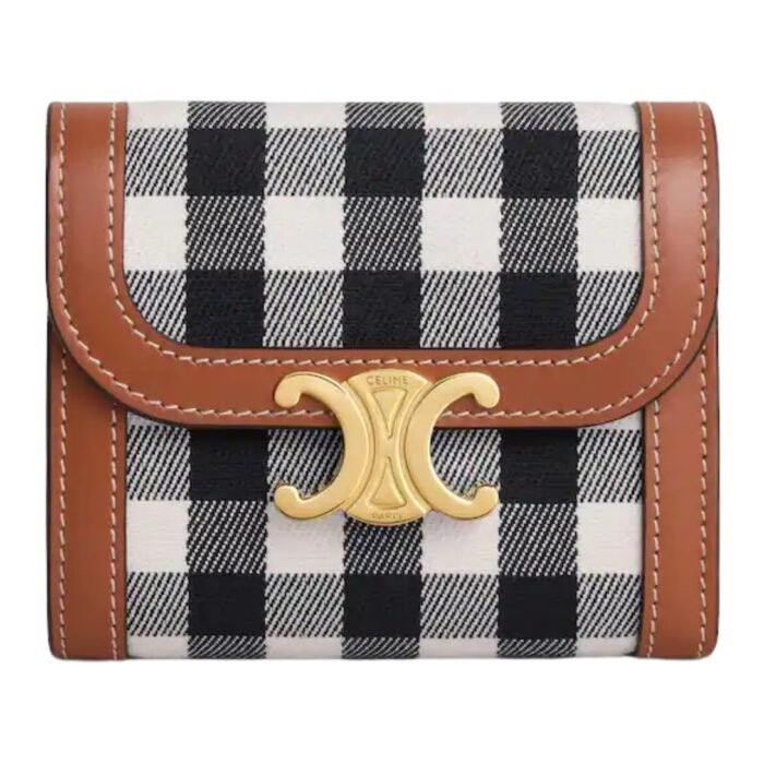 CELINE SMALL FLAP WALLET TRIOMPHE IN VICHY TEXTILE AND CALFSKIN
