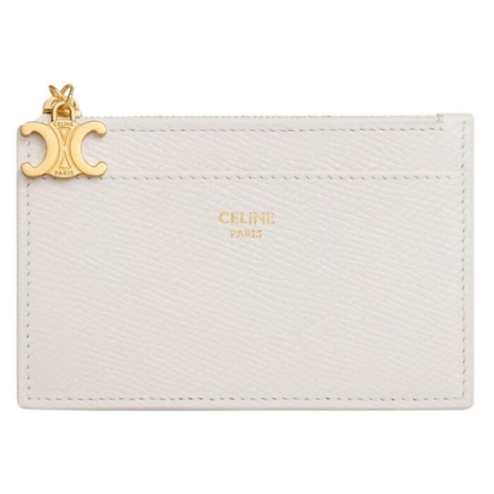 CELINE ZIPPED CARD HOLDER TRIOMPHE CHARMS IN GRAINED CALFSKIN RICE
