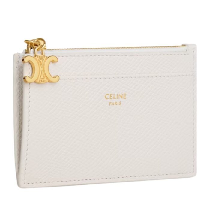CELINE ZIPPED CARD HOLDER TRIOMPHE CHARMS IN SHINY CALFSKIN RICE