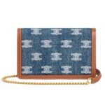 CELINE WALLET ON CHAIN MARGO IN DENIM WITH TRIOMPHE ALL OVER EMBROIDERY AND CALFSKIN