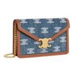 CELINE WALLET ON CHAIN MARGO IN DENIM WITH TRIOMPHE ALL OVER EMBROIDERY AND CALFSKIN