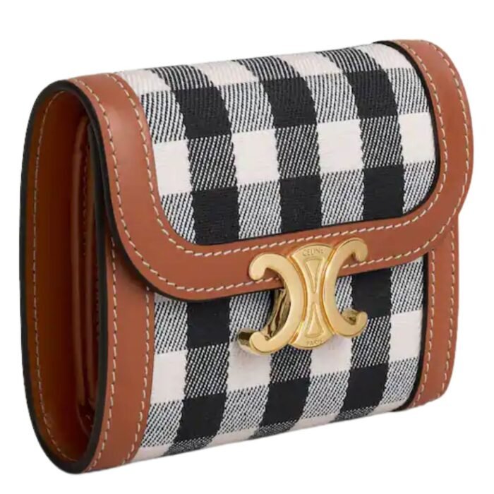 CELINE SMALL FLAP WALLET TRIOMPHE IN VICHY TEXTILE AND CALFSKIN