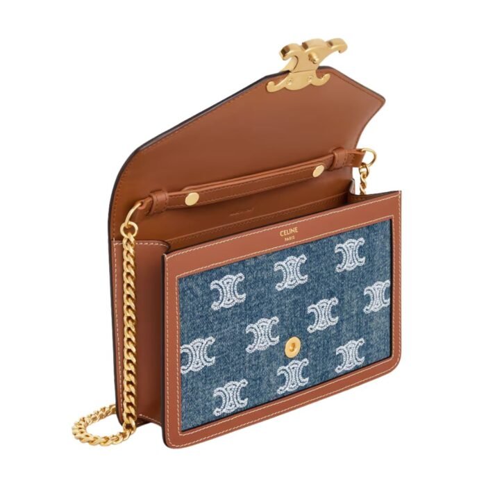 CELINE WALLET ON CHAIN MARGO IN DENIM WITH TRIOMPHE ALL OVER EMBROIDERY AND CALFSKIN