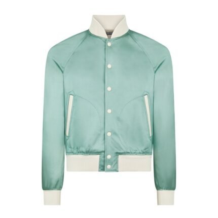 TOM FORD SHINY RAYON SATIN BOMBER WITH CONTRAST PIPING JADE