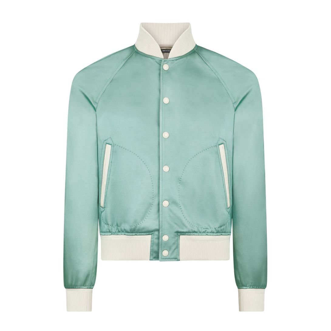 7 TOM FORD SHINY RAYON SATIN BOMBER WITH CONTRAST PIPING JADE