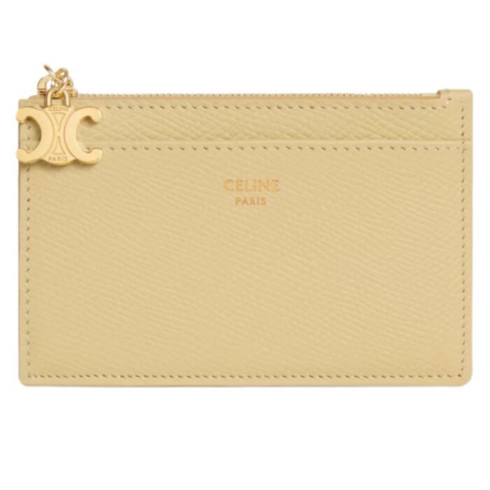 CELINE ZIPPED CARD HOLDER TRIOMPHE CHARMS IN GRAINED CALFSKIN RICE