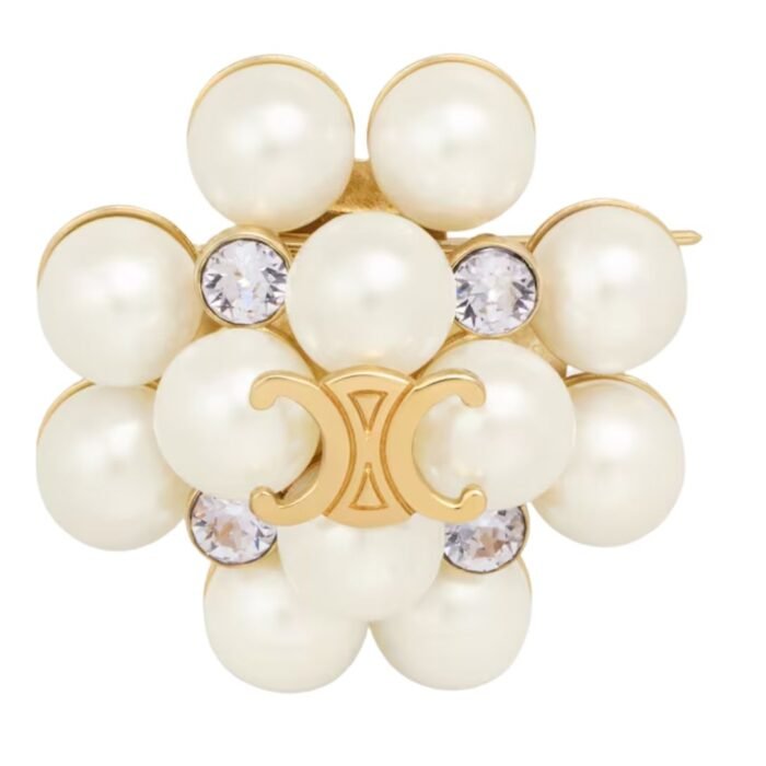CELINE LES PERLES BROOCH IN STRASS RESIN PEARLS BRASS WITH GOLD FINISH AND STEEL